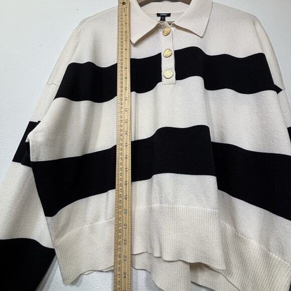 Express Womens Ivory Black Rugby Striped Sweater XL Collar Gold Buttons Preppy - Picture 7 of 8